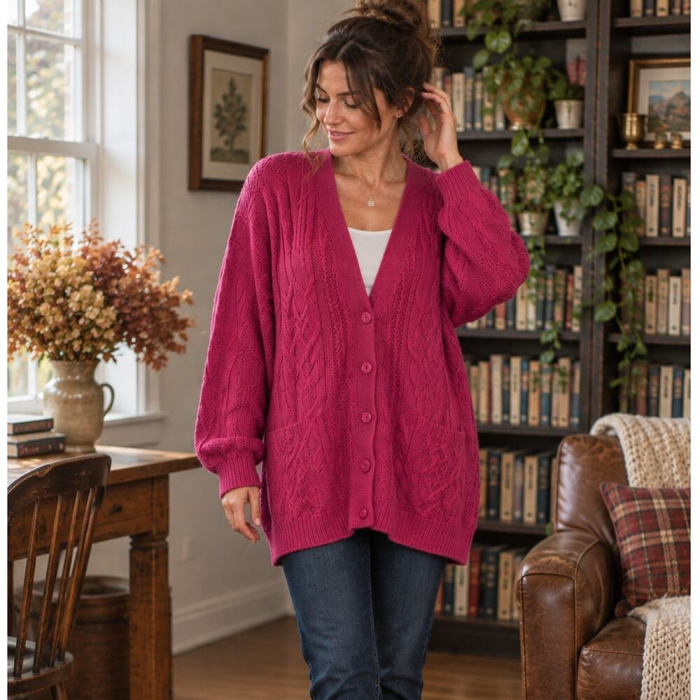 Vintage Fuchsia Cable Knit Cardigan Med Oversized Chunky Ramie Cotton Longline